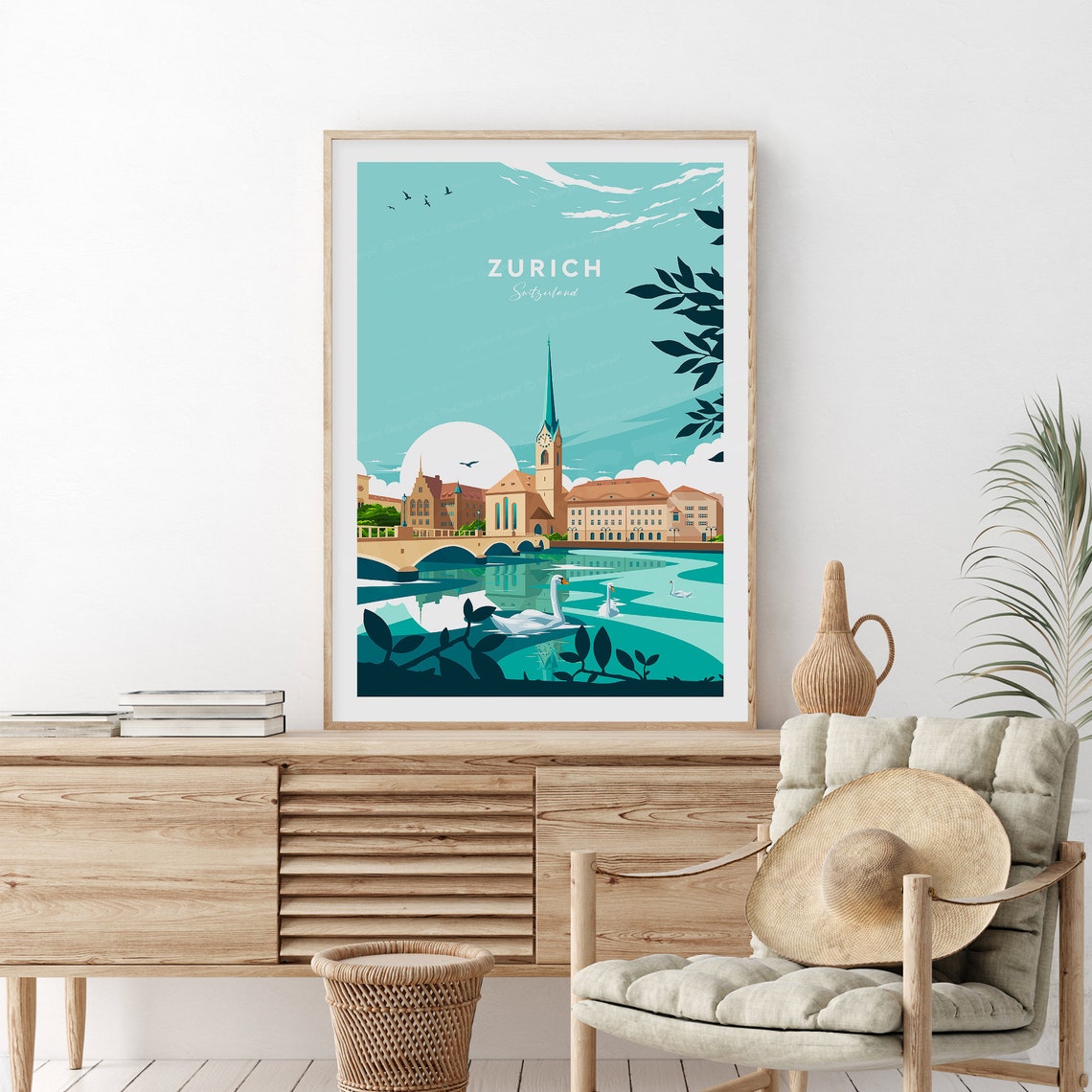 Zurich Switzerland Historic Riverside Old Town Swans Travel Poster