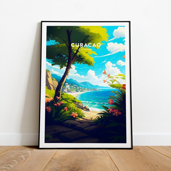 Curacao Caribbean Beach Cove Travel Poster with Tropical Flowers