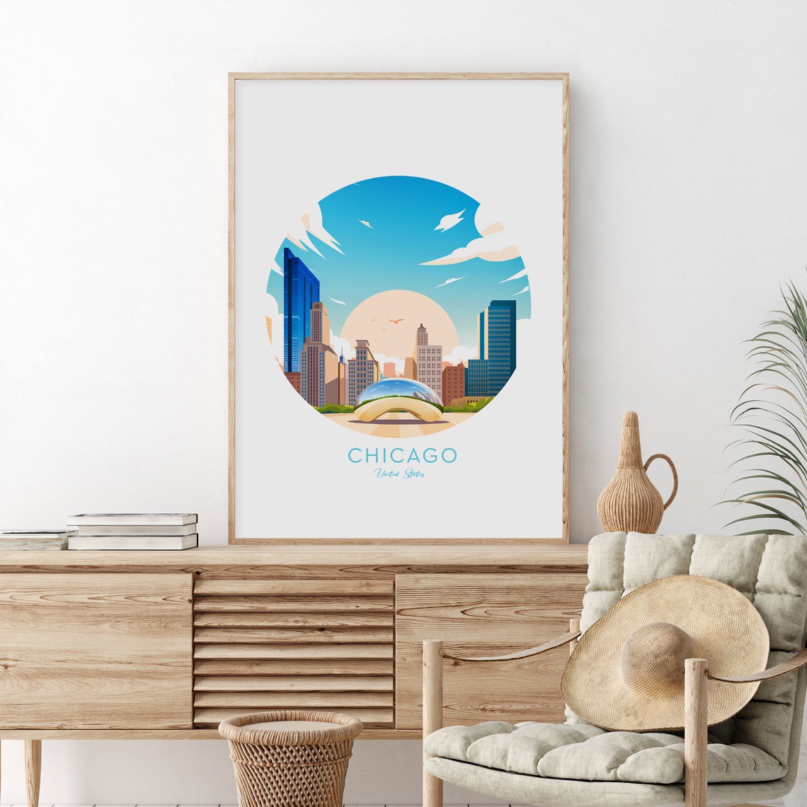 Chicago Skyline and Cloud Gate Circle Design Minimalist Poster - Image 2