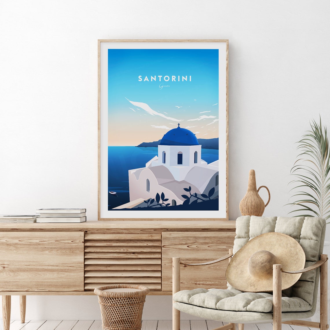 Santorini Greece Blue Dome Church Overlooking Aegean Sea Travel Poster