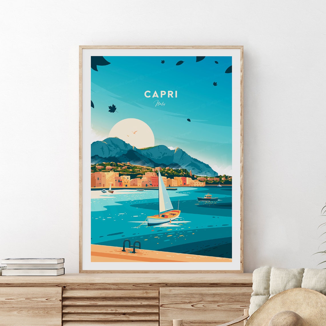 Capri Italy Marina Sailboats Mountain Harbor Sunset Travel Poster