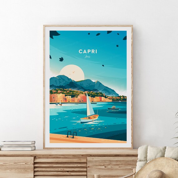Capri Italy Marina Sailboats Mountain Harbor Sunset Travel Poster