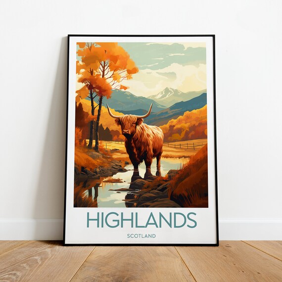 Highlands Scotland Highland Cow Autumn Hills Mountain Travel Poster