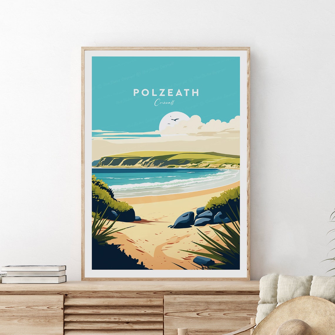 Sunny Polzeath Cornwall Sandy Bay Beach With Green Headland Print