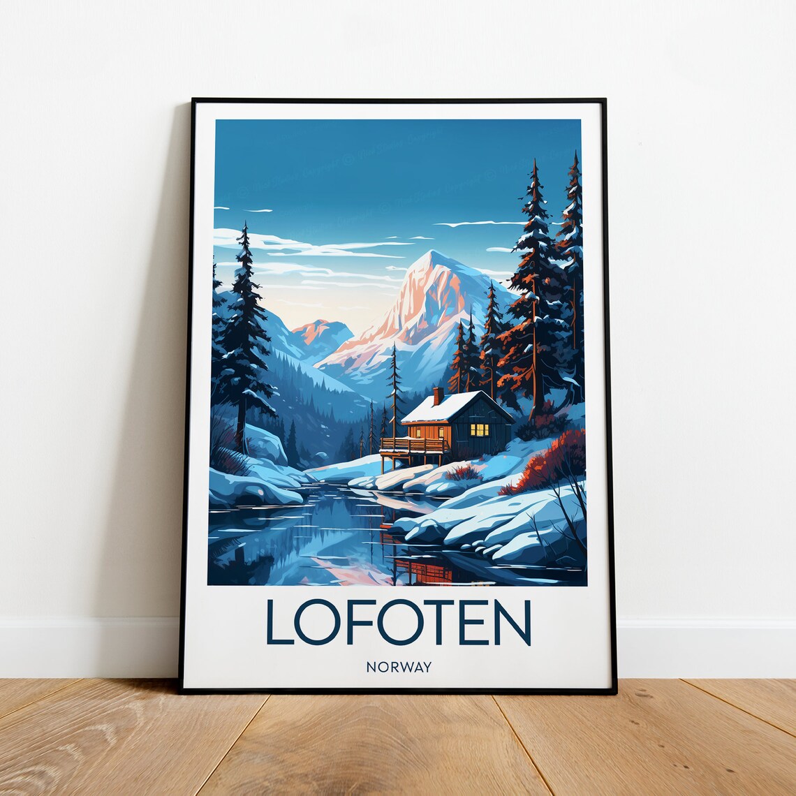 Lofoten Norway Arctic Winter Cabin Fjord Lakeside Travel Poster