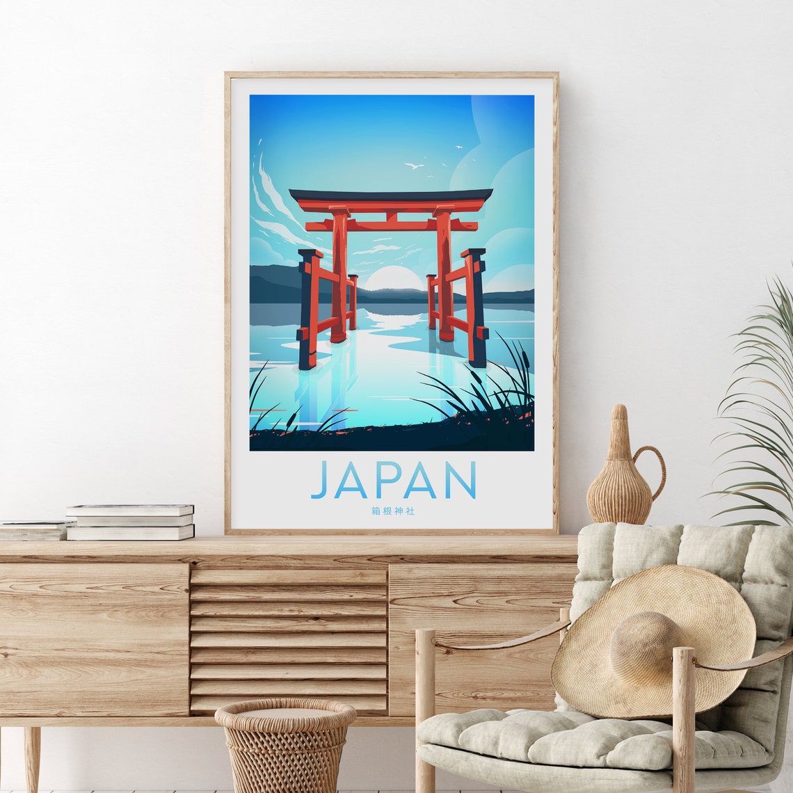 Japan Hakone Shrine Red Torii Gate Lake Sunset Travel Poster