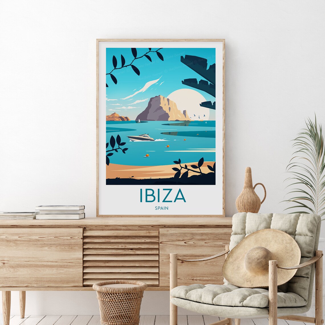 Ibiza Spain Turquoise Cove With a Boat and Rocky Islet Poster