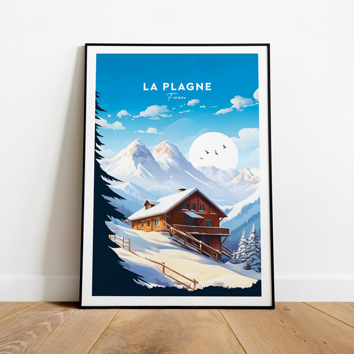 La Plagne France Snowy Chalet Alpine Ski Resort Travel Poster