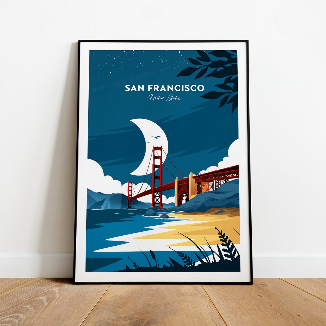 San Francisco Golden Gate Bridge Night Crescent Moon Travel Poster - Image 2