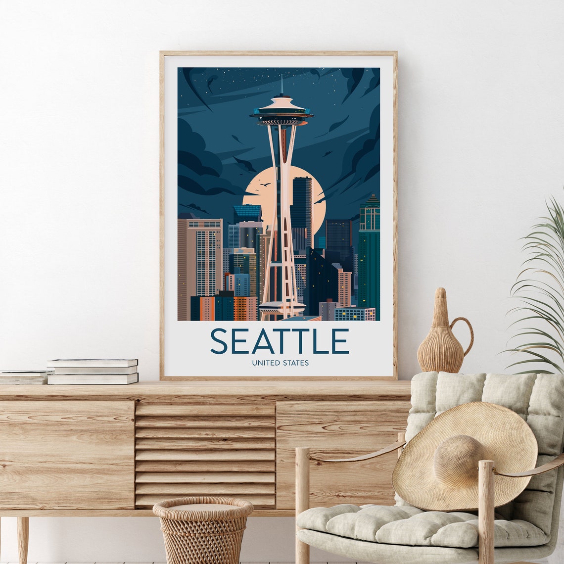 Seattle United States Space Needle Night Skyline Retro Poster