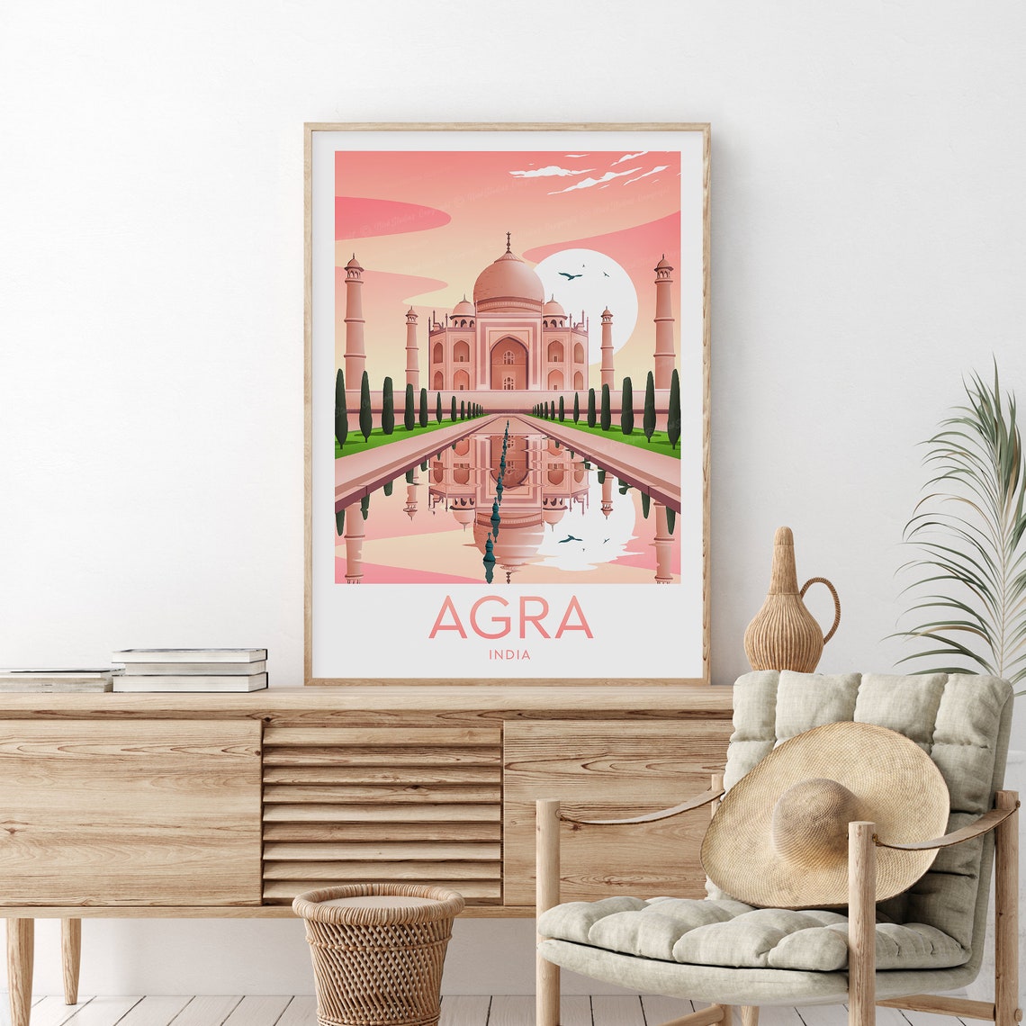 Agra India Taj Mahal Pink Sunset Reflection Art Travel Poster