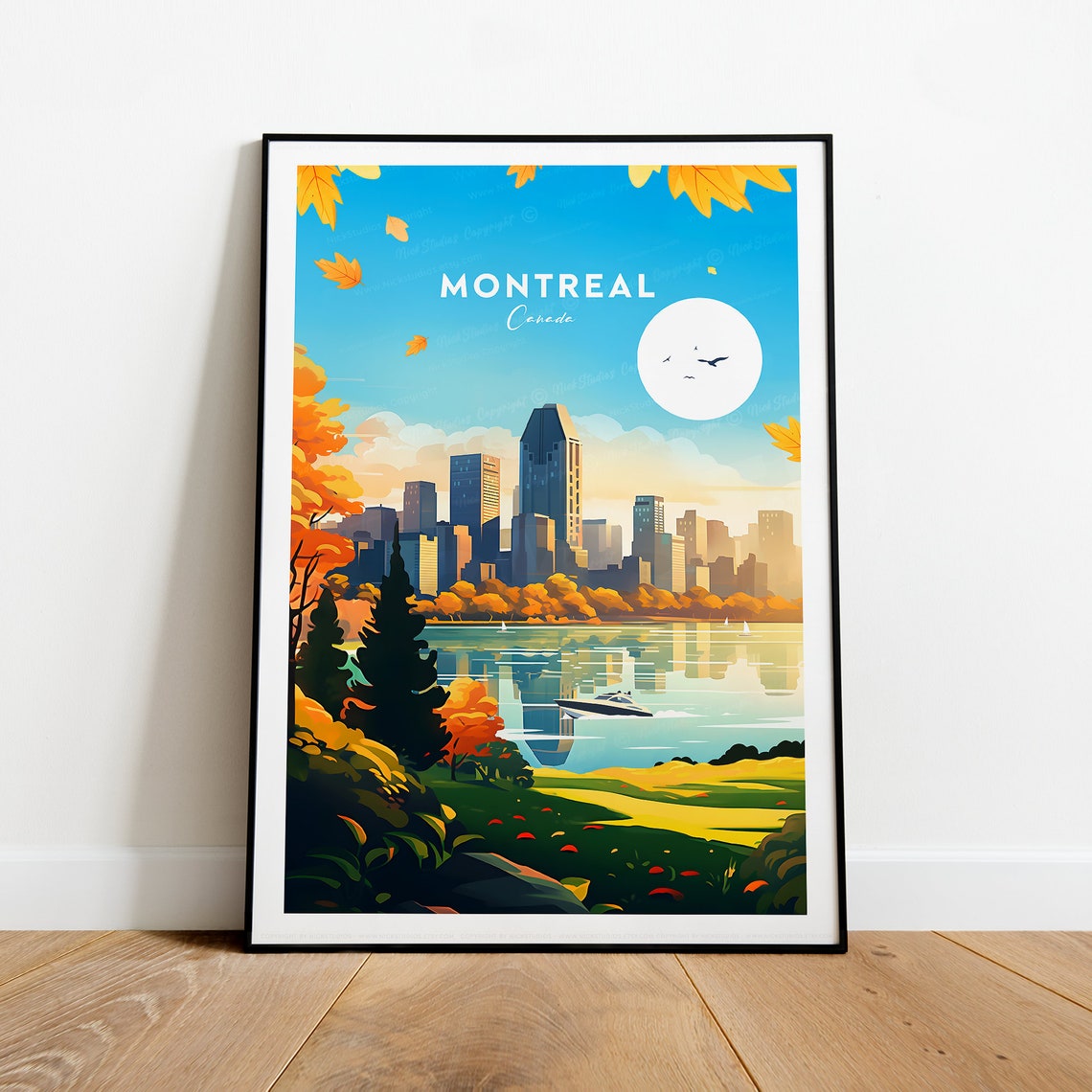 Montreal Canada Autumn Skyline Lake Reflection Evening Scene Poster