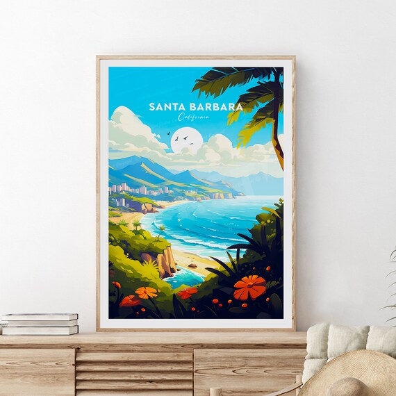 Santa Barbara California Coast Cliffs Sunset Vintage Travel Poster