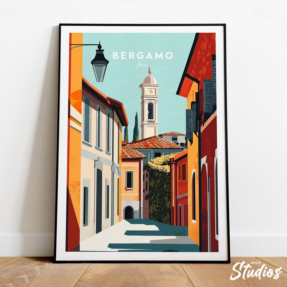 Bergamo Italy Old Town Bell Tower Street Retro Style Travel Poster