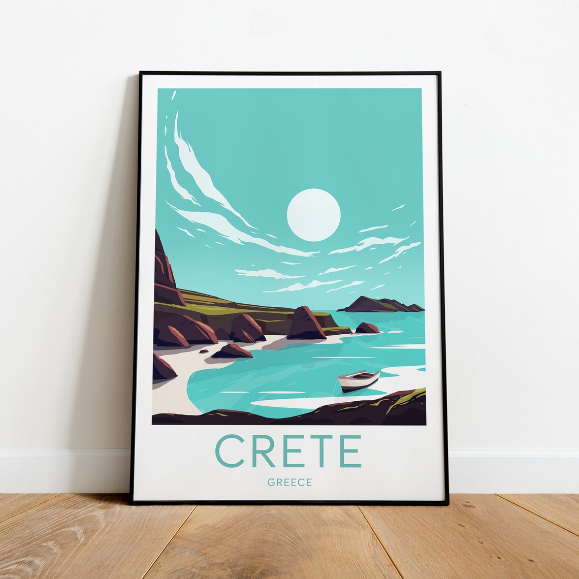 Crete Greece Rocky Cove Turquoise Sea Boat Coastal Travel Poster - Image 2