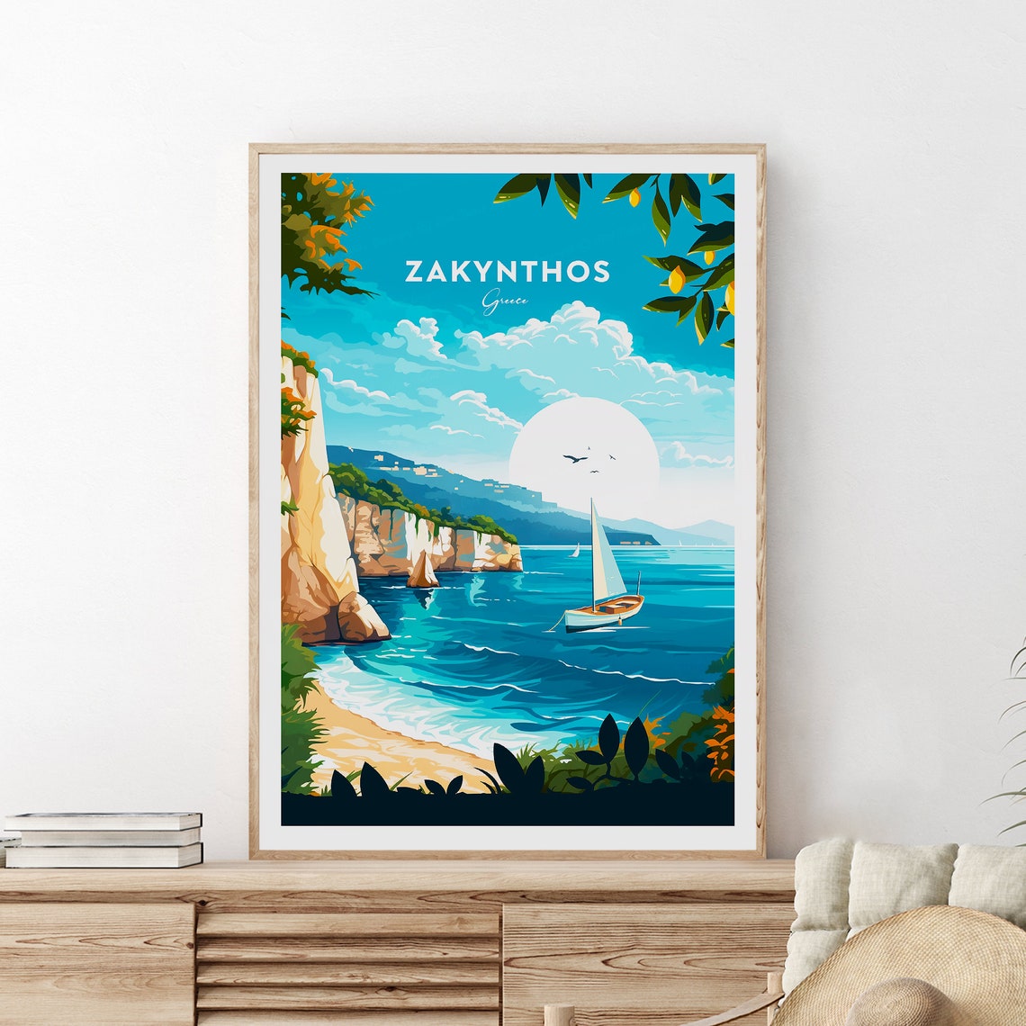 Zakynthos Greece Cliffs Sailboat Turquoise Bay Travel Poster