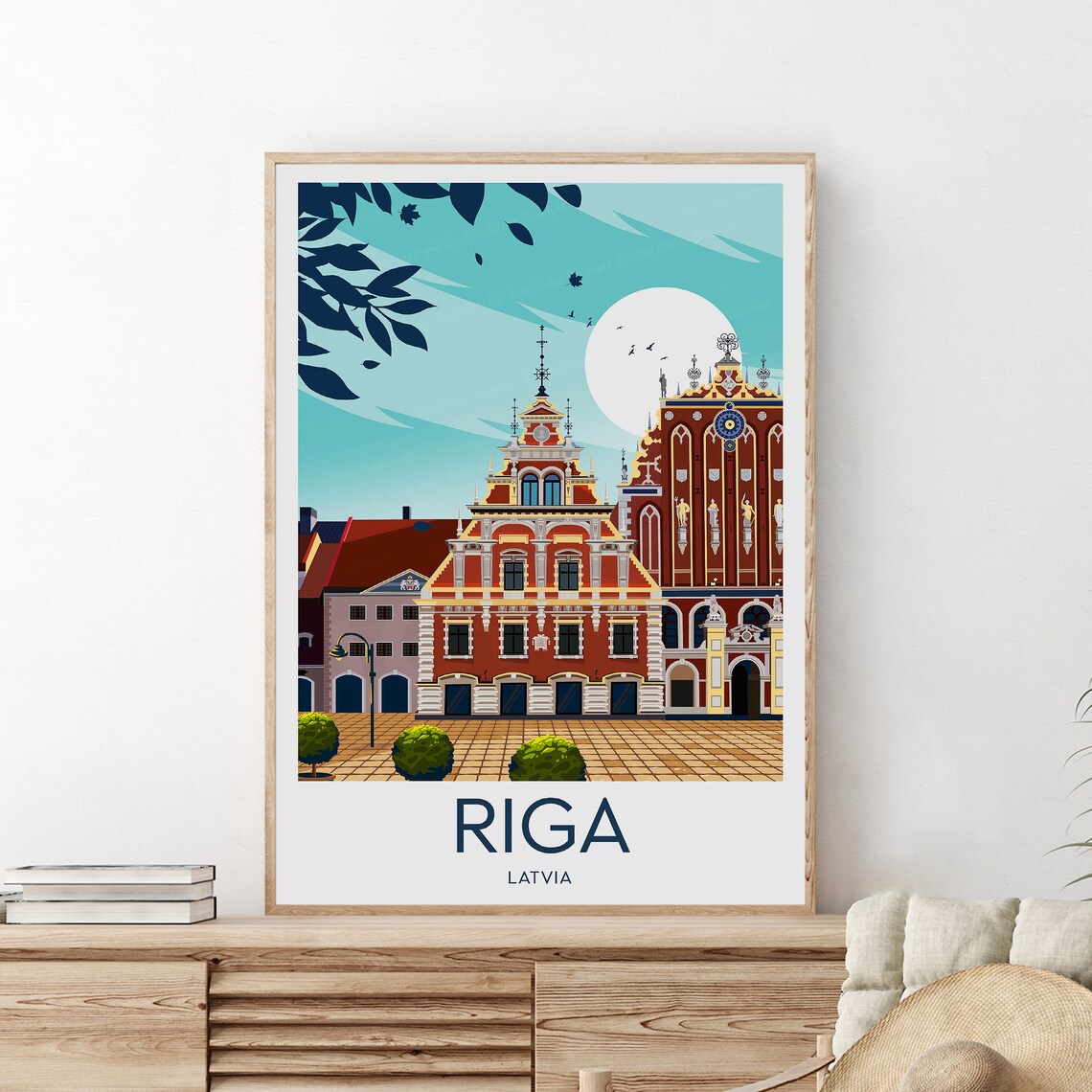 Riga Latvia Old Town Square Landmark Illustrated Travel Poster