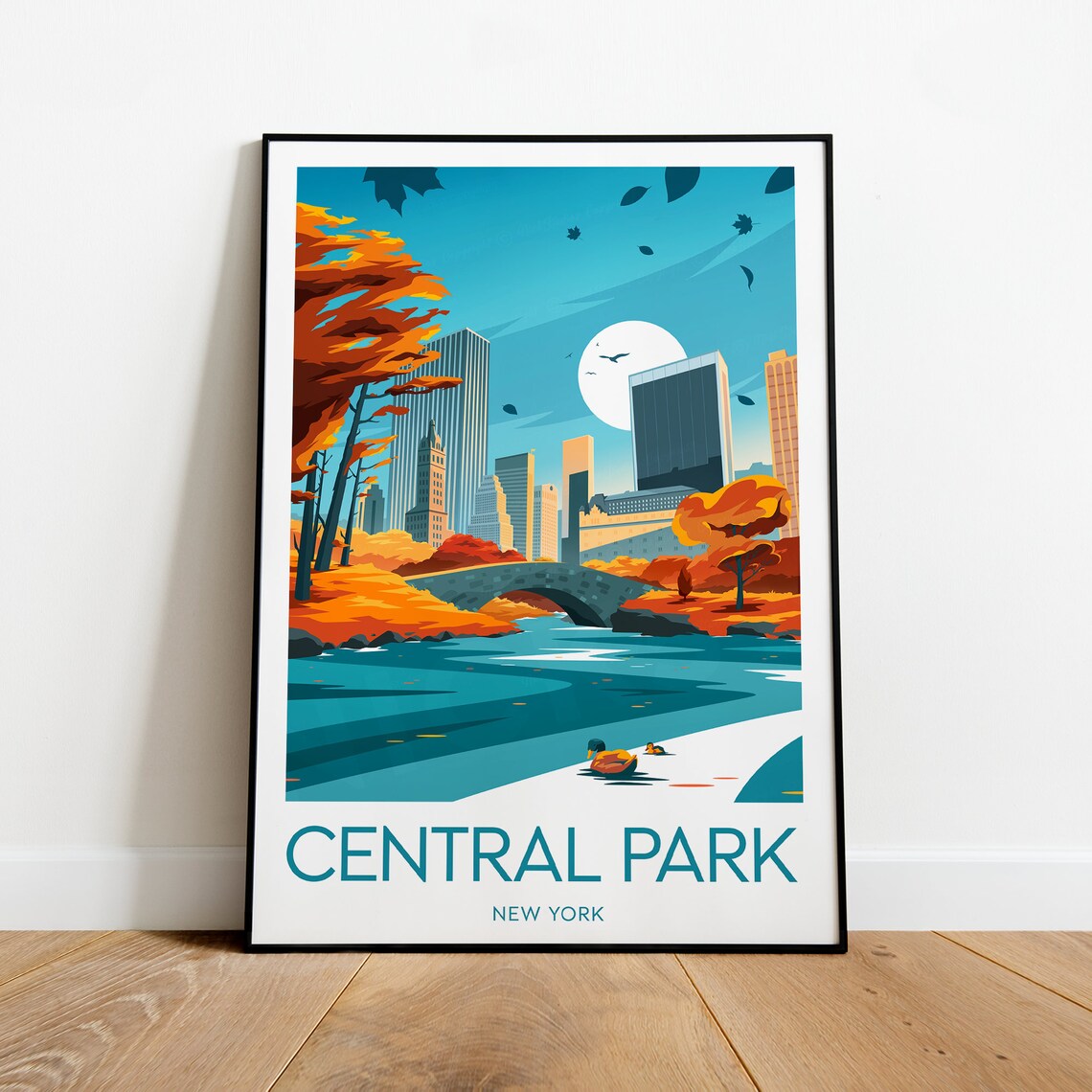 Central Park New York Autumn Skyline Lake Rowboats Travel Poster - Image 2