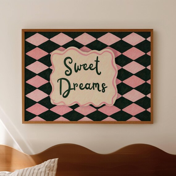 Sweet Dreams Script on Black and Pink Diamond Bedroom Poster