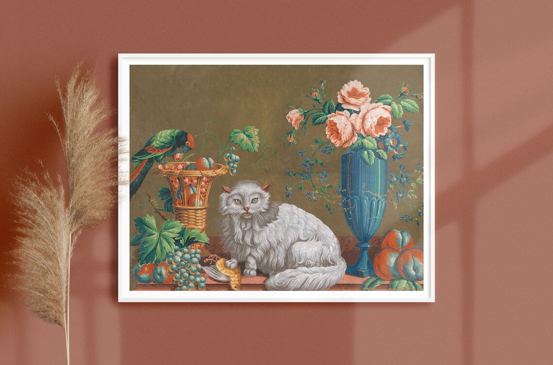 Vintage Fancy Cat With Flowers, Art Nouveau Art Print