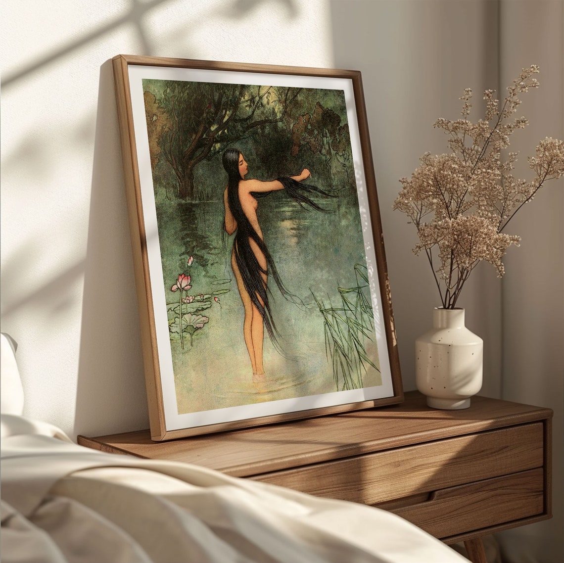 Woman With Long Black Hair Wading in a Moonlit Lily Pond Poster - Image 3