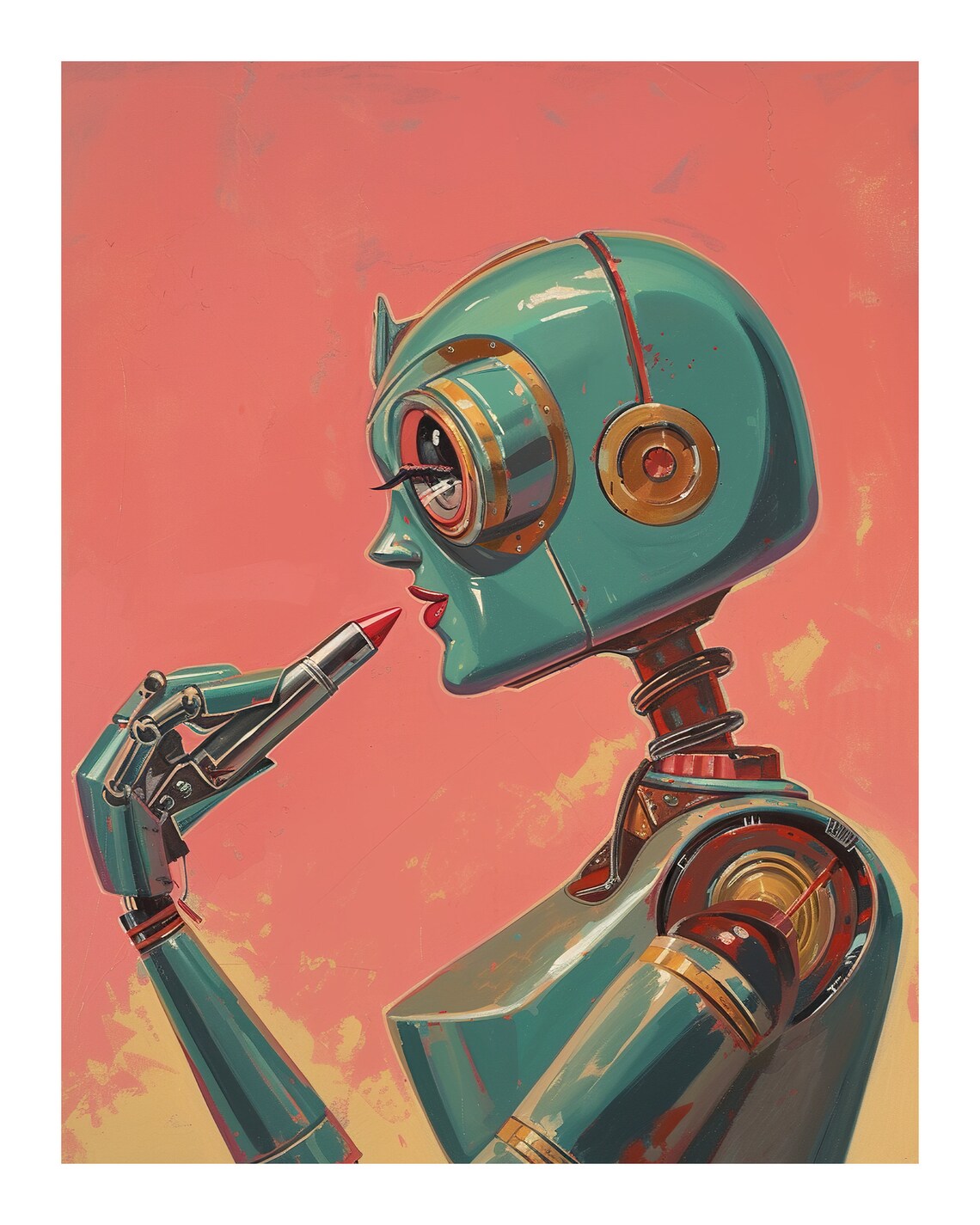 Vintage Robot Woman Applying Lipstick Art Print - Image 2