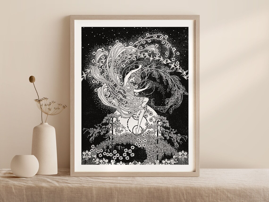 Dancing Woman With a Swirling Veil Black White Art Nouveau Poster