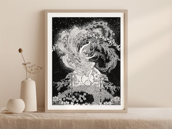 Dancing Woman With a Swirling Veil Black White Art Nouveau Poster