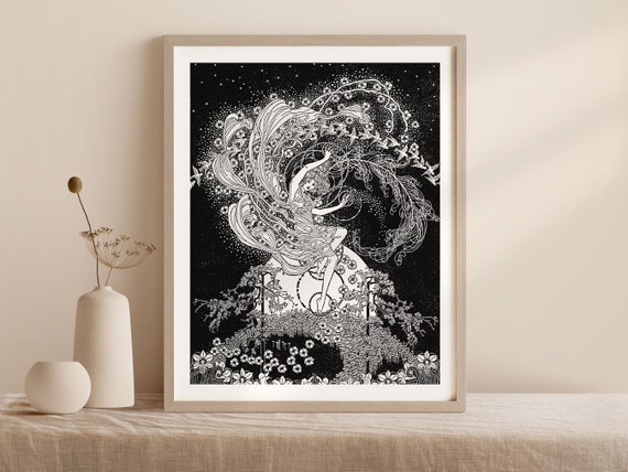 Vintage Art Nouveau Dance With Me Woodblock Fine Art Print Retro Childrens Decor Black And White Poster 3 Sizes