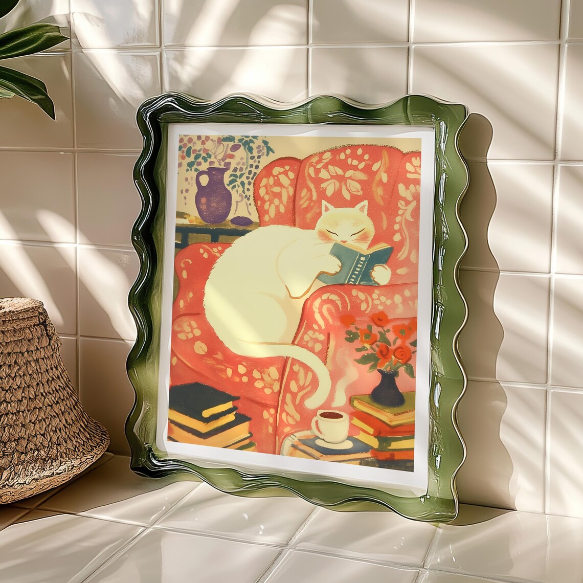 Cozy Reading White Cat, Retro Style Wall Art Print - Image 3