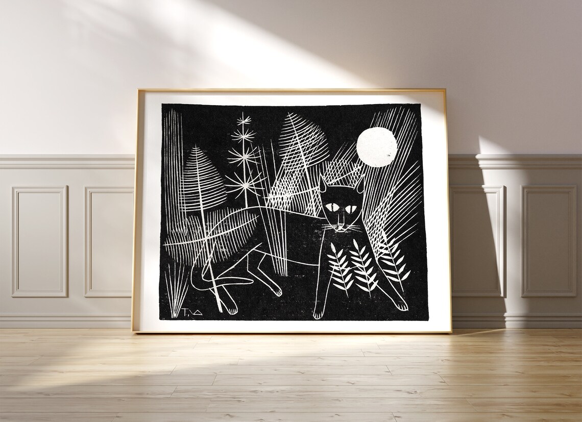 Vintage Moon Cat Woodblock Folk Art Poster Print - Image 3