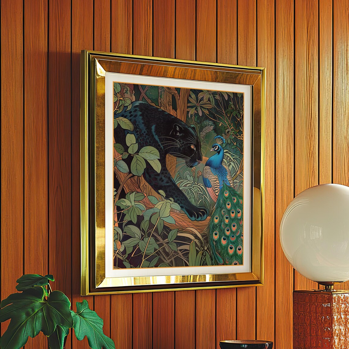Vintage Panther And Peacock Art Print, Tropical Decor