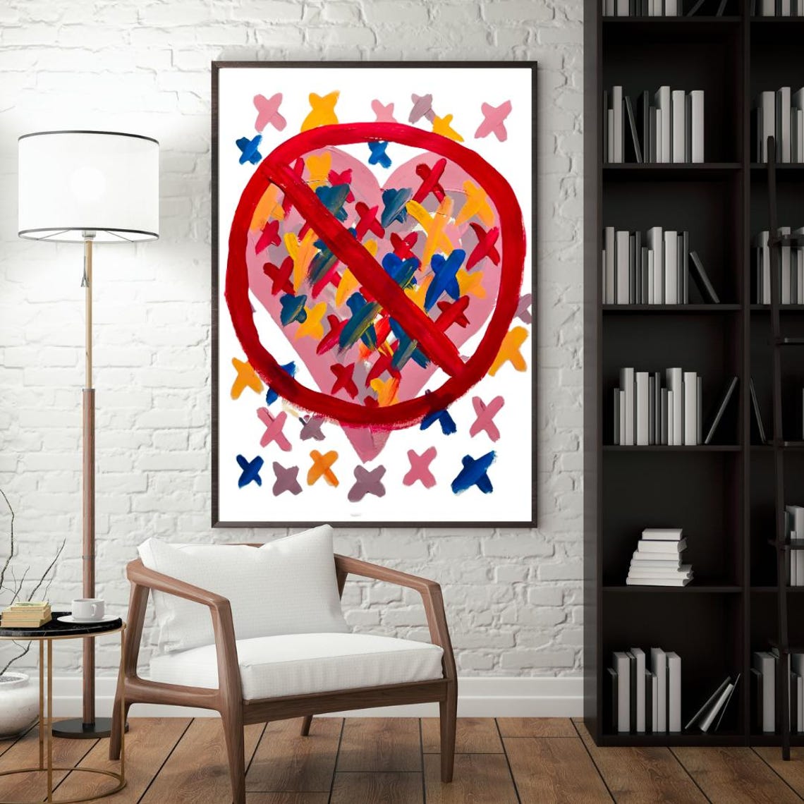 No Love Sign Heart with Colorful X Marks Pop Art Poster in Red