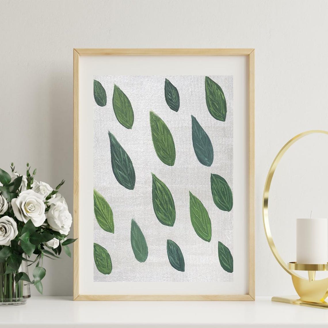 Minimalist Green Leaf Pattern Botanical Art Poster on White Canvas
