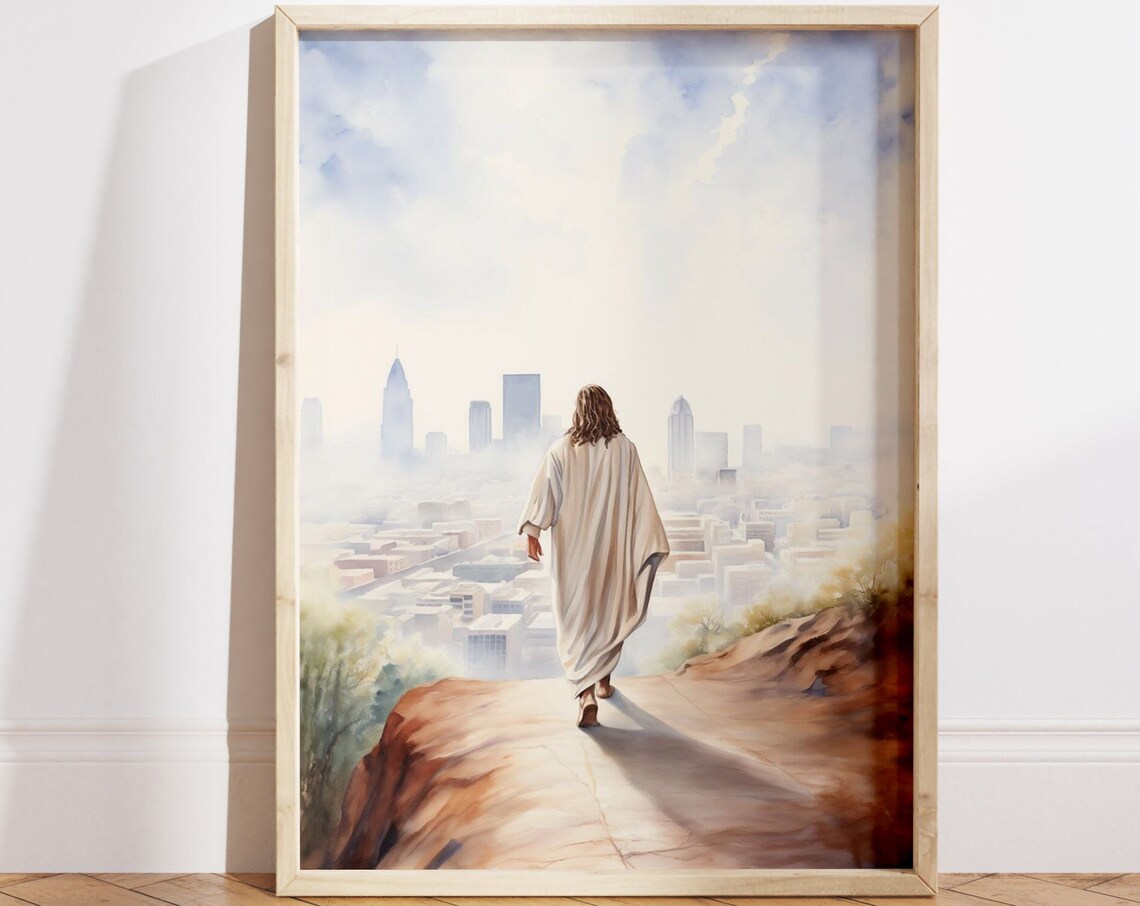 Jesus Christ Walking Toward City Skyline Watercolor Faith Poster