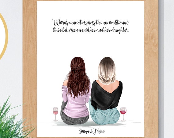 Personalized Mother Daughter Portrait Wine Glasses Quote Poster