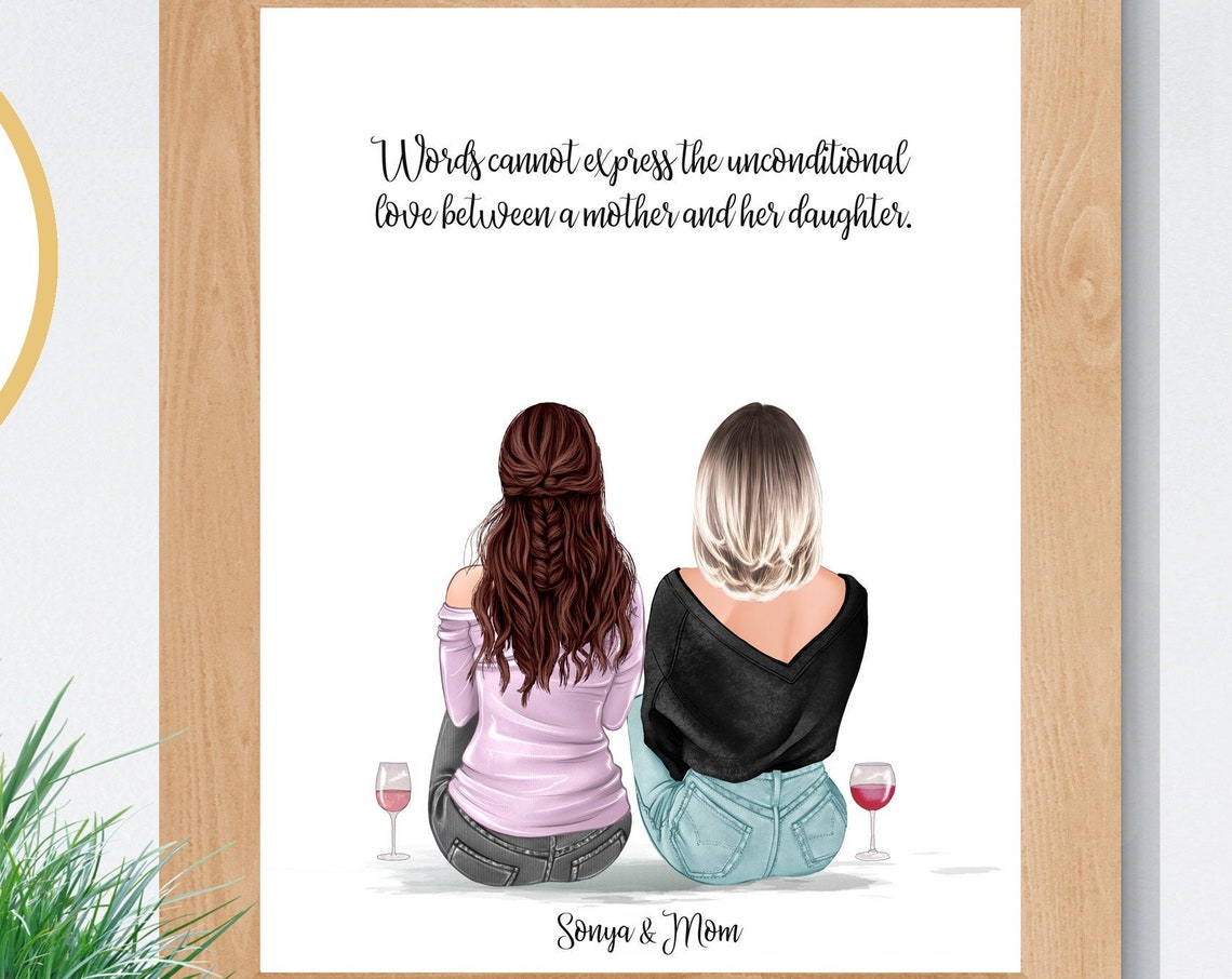 Personalized Mother Daughter Portrait Wine Glasses Quote Poster