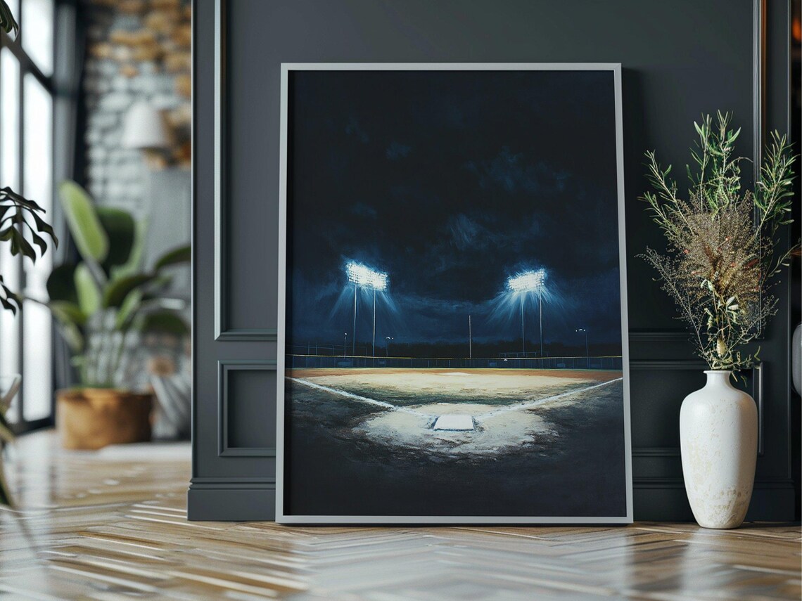 Baseball Stadium Night Home Plate Floodlights Moody Sports Poster - Image 3