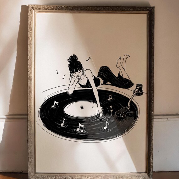 Minimalist Vinyl Record Music Wall Poster Lost In The Groove Print Black White Decor