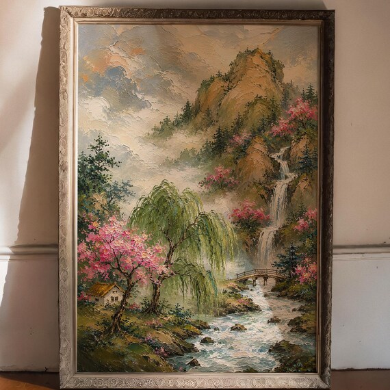 Cherry Blossom Mountain Waterfall Poster Impasto Japanese Landscape Oil Painting