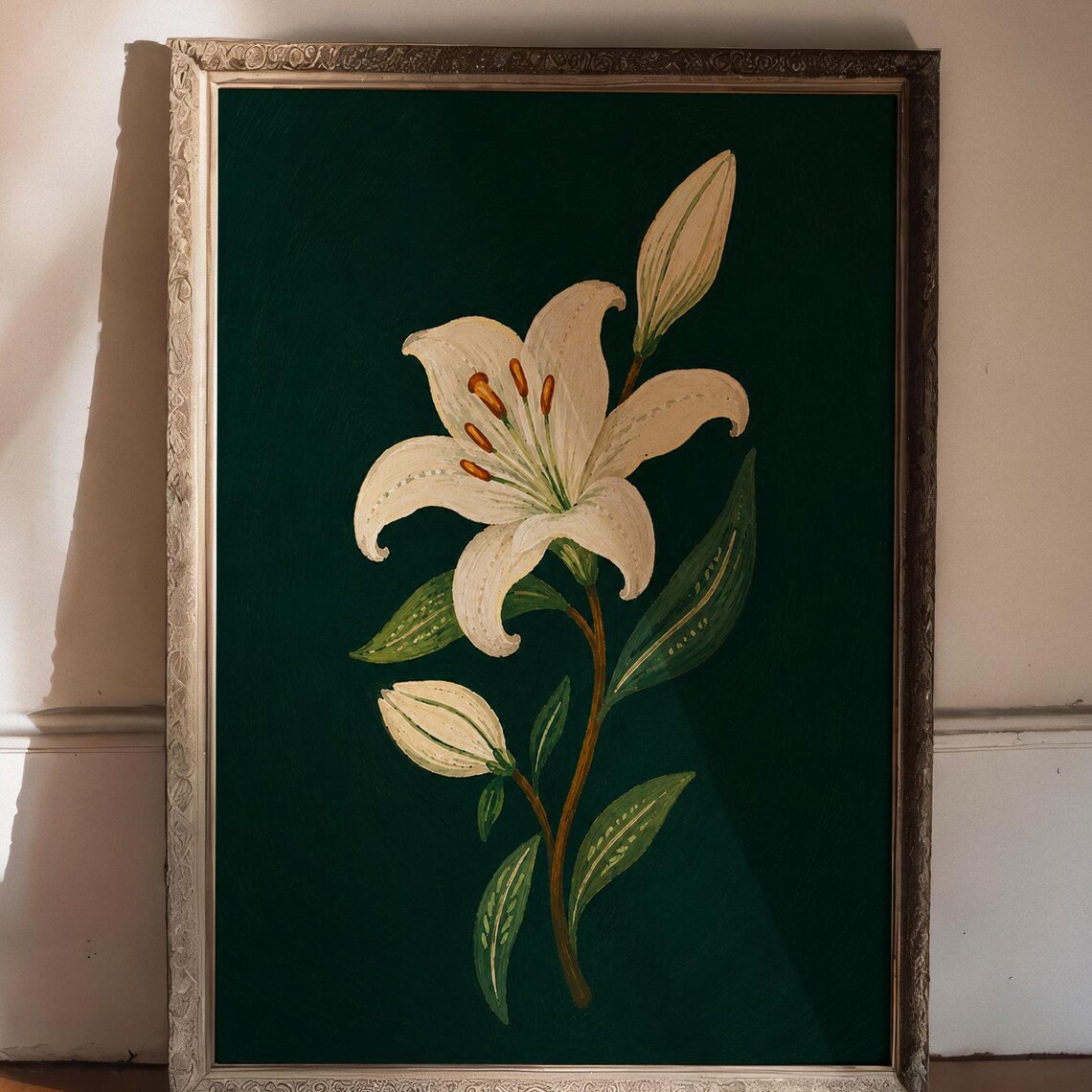 White Lily Dark Green Botanical Vintage Folk Art Floral Poster