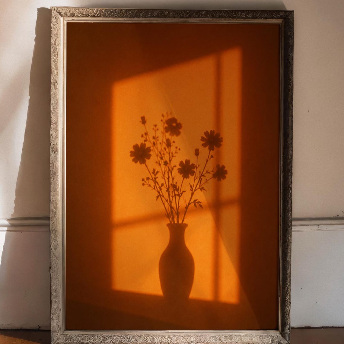 Golden Window Light Flower Shadow Wall Poster Minimalist Sunlight Silhouette Art Print