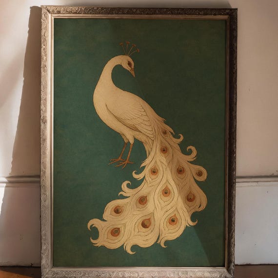 Vintage Peacock Poster Cream Bird Print Teal Asian Botanical Art