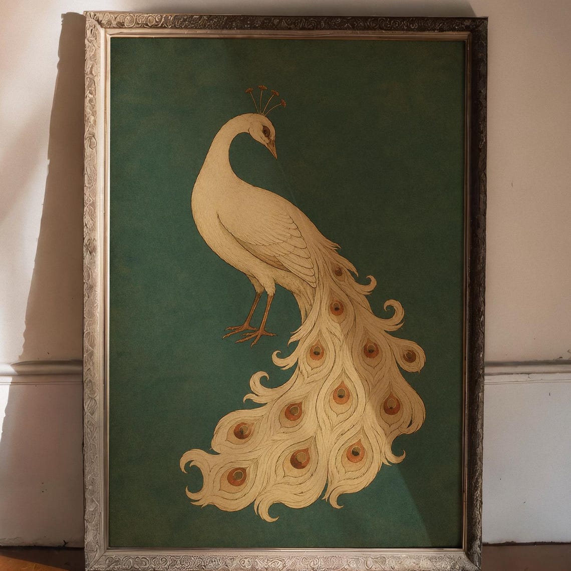Vintage Peacock Poster Cream Bird Print Teal Asian Botanical Art