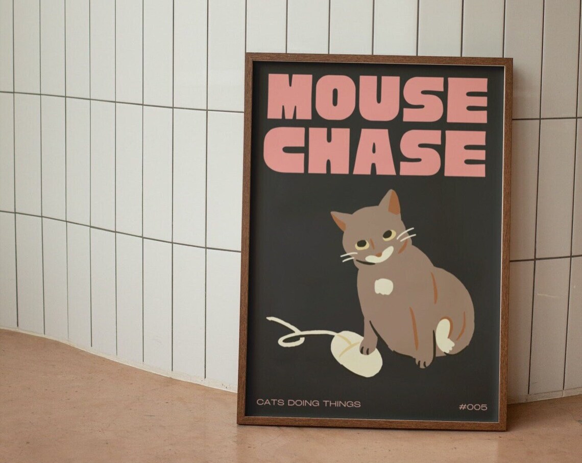Grey Cat And Computer Mouse Poster, Funny Cat Decor