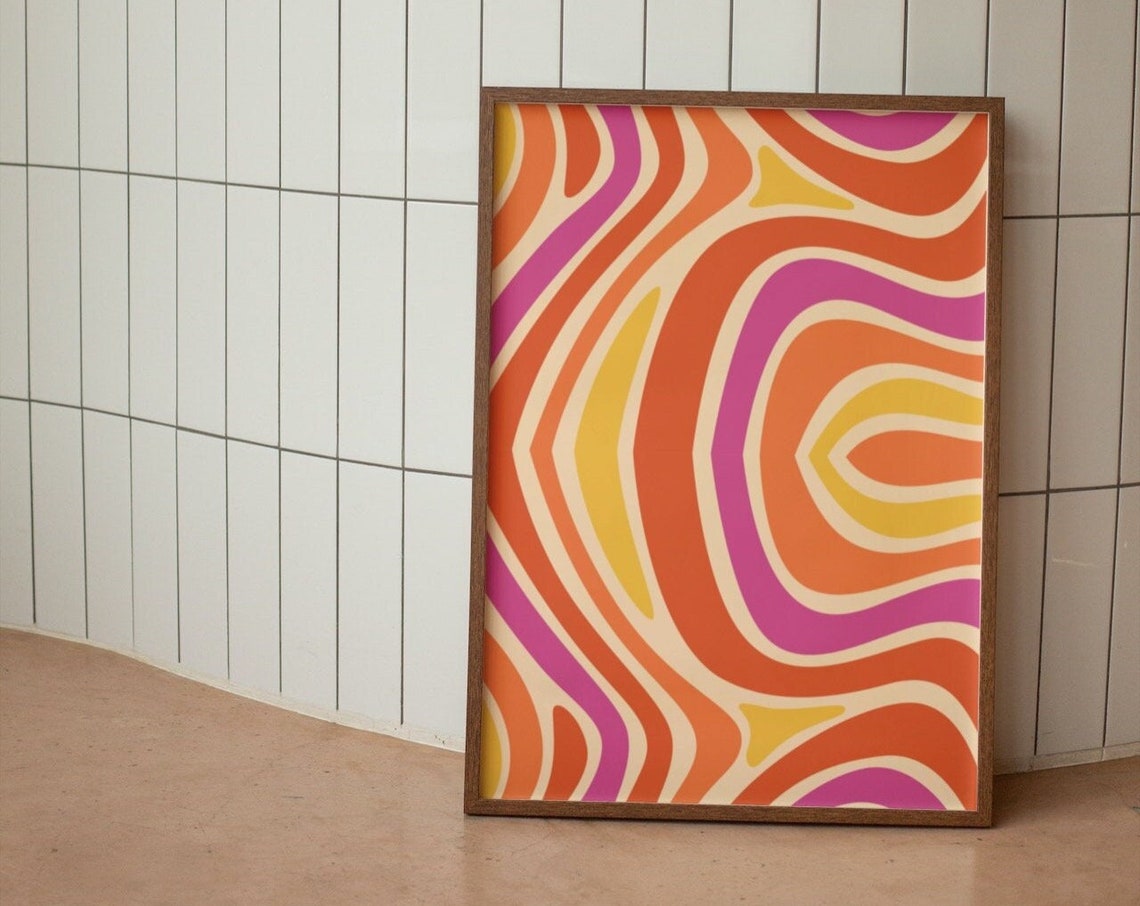 Groovy Wavy Marbled Abstract Poster in Orange Pink and Yellow Art