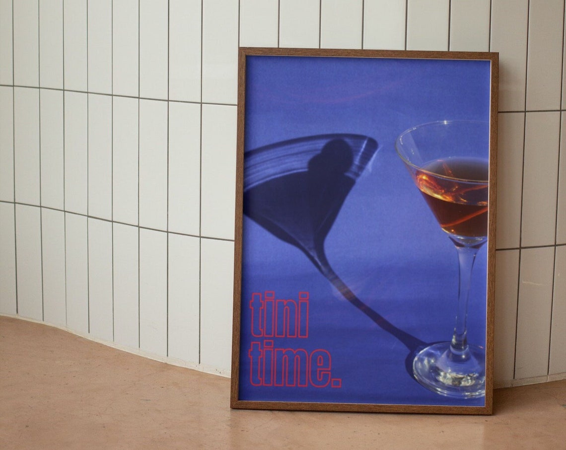 Tini Time Martini Cocktail Blue Bar Cart Happy Hour Wall Poster