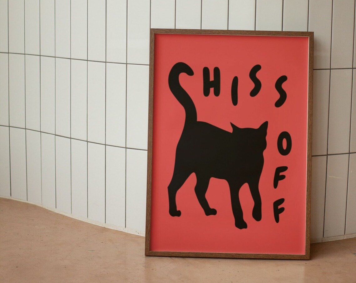 Hiss Off Sassy Black Cat Silhouette Bold Fiery Red Wall Poster