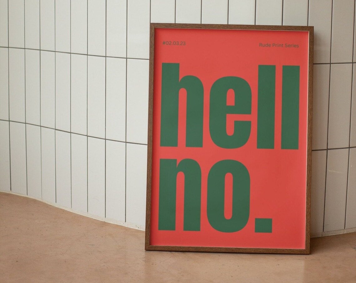 Hell No Wall Print Funny Wall Art Retro Wall Decor Red Green Prints Large Art Prints