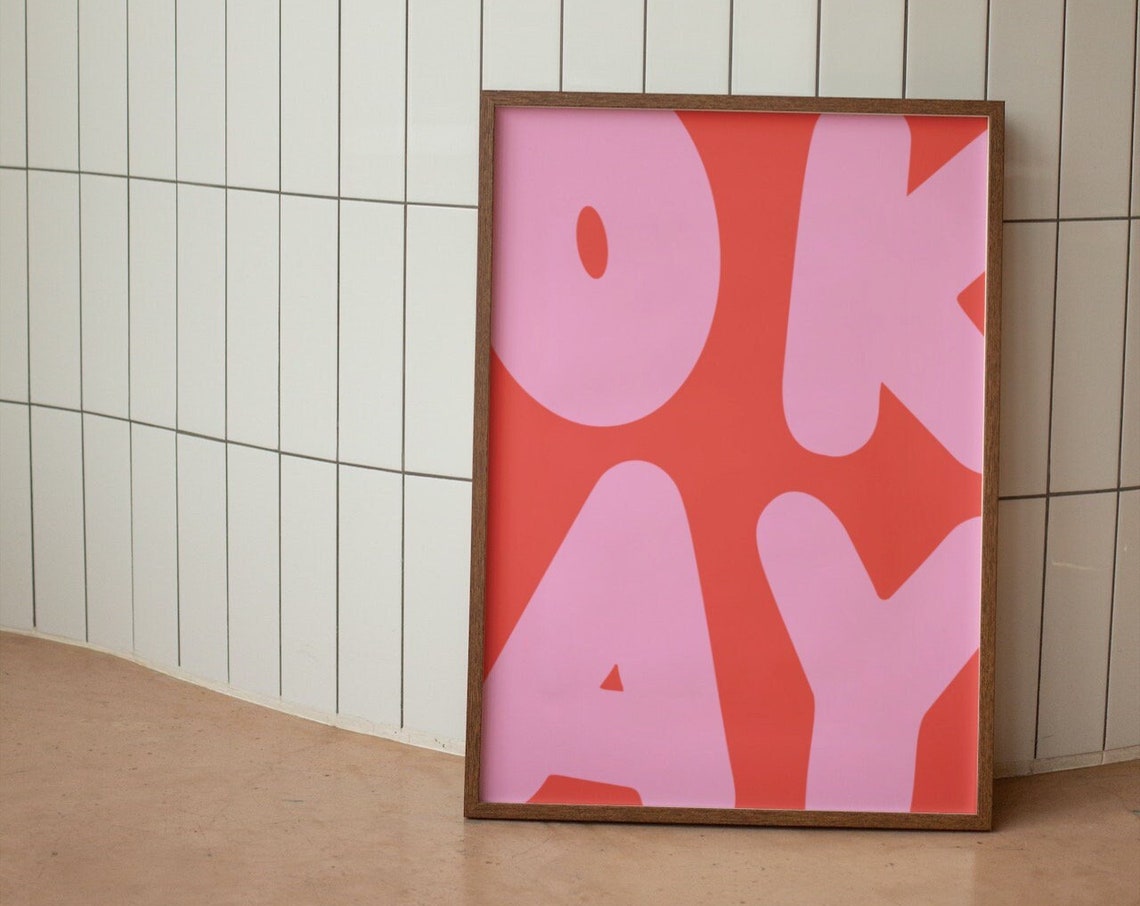 Okay Retro Bold Bubble Typography Pink Coral Preppy Quote Poster - Image 3